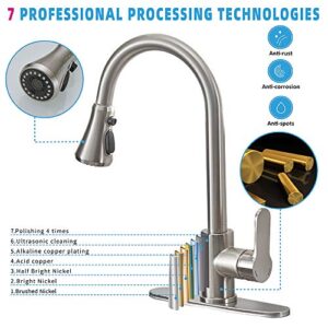 BURUWO Brass Kitchen Faucet with 3 Modes Sprayer, Single Handle 1 or 3 Hole Modern Kitchen Faucet Brushed Nickel, Pull Down Kitchen Sink Faucet for Farmhouse rv Bar Laundry