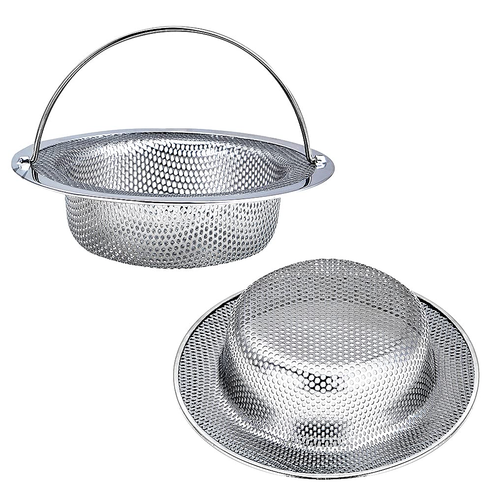 Kitchen Sink Strainer, 2-Pack Sink Strainer Basket with Handle, 4.5" Diameter, Stainless Steel, Rust Free and Dishwasher Safe