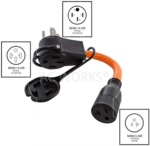 AC WORKS 50-Amp RV/ Range/ Generator 14-50 Piggy-Back Plug Adapter (to 15/20-Amp Household)