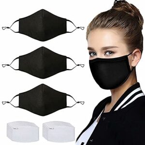 nbdib 3 pcs adult unisex reusable washable adjustable face protection with filter pocket and nose wire black breathable cotton dust cloth mask with 10pcs replacement carbon filters for man and women