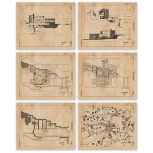 vintage architecture prints, 6 (8x10) unframed photos, wall art decor gifts under 25 for home office studio college student teacher coach fallingwater design frank lloyd wright house construction fans