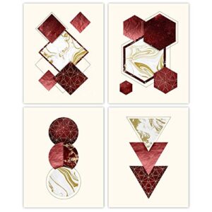 modern geometric abstract red gold wall art decor prints, 4 (8x10) unframed photos, artwork gifts under 20 for home bathroom bedroom office studio lounge architecture design student teacher fans