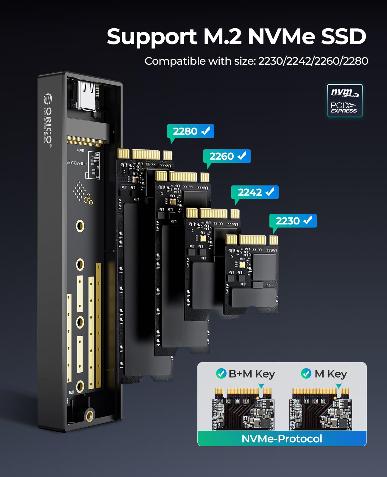 ORICO M.2 NVMe SSD Enclosure, USB 3.1 Gen 2 (10 Gbps) to NVMe PCI-E M.2 SSD Case Support UASP for NVMe SSD Size 2230/2242/2260/2280(up to 4TB) (M.2 NVMe)