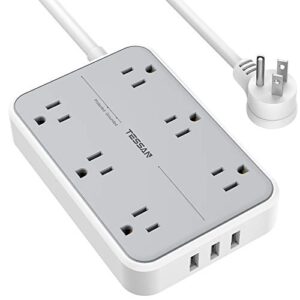 surge protector with usb, tessan power strip flat plug with 6 widely spaced ac outlets 3 usb charging ports, 1080 joules protection, wall mount extension cord 5 feet, dorm home and office accessories