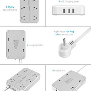 Surge Protector with USB, TESSAN Power Strip Flat Plug with 6 Widely Spaced AC Outlets 3 USB Charging Ports, 1080 Joules Protection, Wall Mount Extension Cord 5 Feet, Dorm Home and Office Accessories