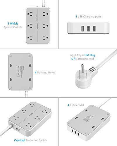 Surge Protector with USB, TESSAN Power Strip Flat Plug with 6 Widely Spaced AC Outlets 3 USB Charging Ports, 1080 Joules Protection, Wall Mount Extension Cord 5 Feet, Dorm Home and Office Accessories