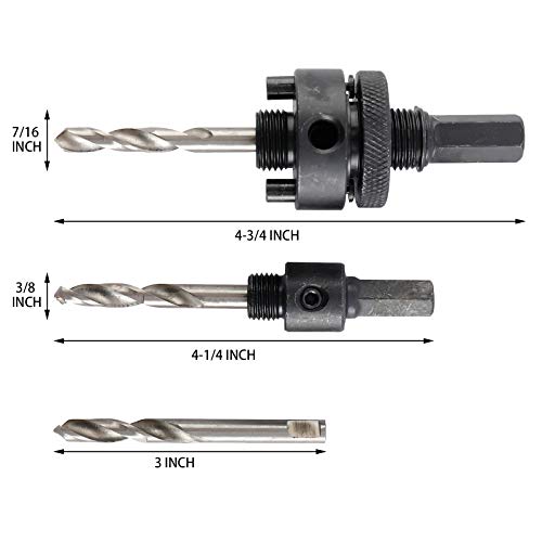 Tysun 3 Pcs Hole Saw Mandrel, 7/16 Inch and 3/8 Inch Shank Hole Saw Arbors with 1 Pc Central Drill Fit for 3/4-Inch to 6-Inch Diameter