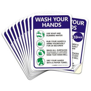 hand washing signs wash hand sign sticker, 10 pack 10" x 7" please wash your hand sign decals, self-adhesive vinyl, employee hand washing sign, indoor & outdoor