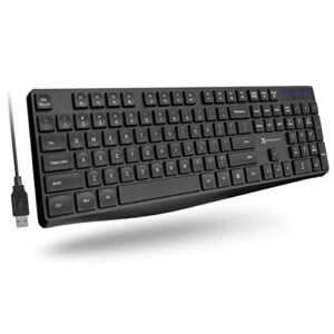 x9 performance ergonomic computer keyboard wired - usb keyboard for laptop, windows pc desktop, office use with 5ft cable wire, 104 quiet keys, 14 shortcuts, and kickstand - black