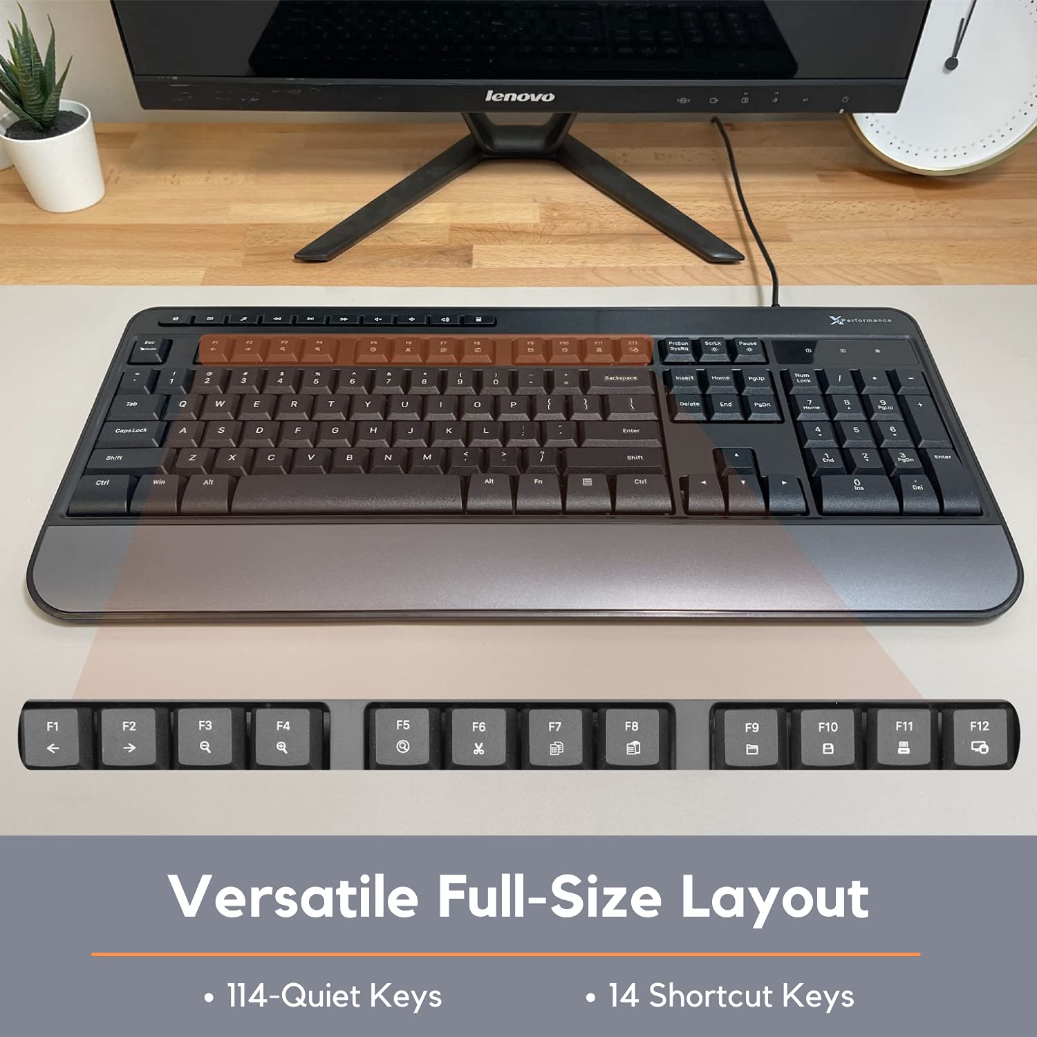 X9 Performance Multimedia USB Wired Keyboard - Take Control of Your Media - Ergonomic Full Size Keyboard with Wrist Rest and 114 Keys - External Computer Keyboard for Laptop and Office PC