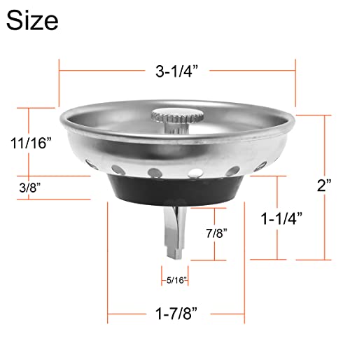 2 Pack - Kitchen Sink Strainer and Stopper Combo Basket Replacement for Standard 3-1/2 inch Drain, Stainless Steel Basket with Plastic Knob, Rubber Stopper Bottom - Hilltop Products