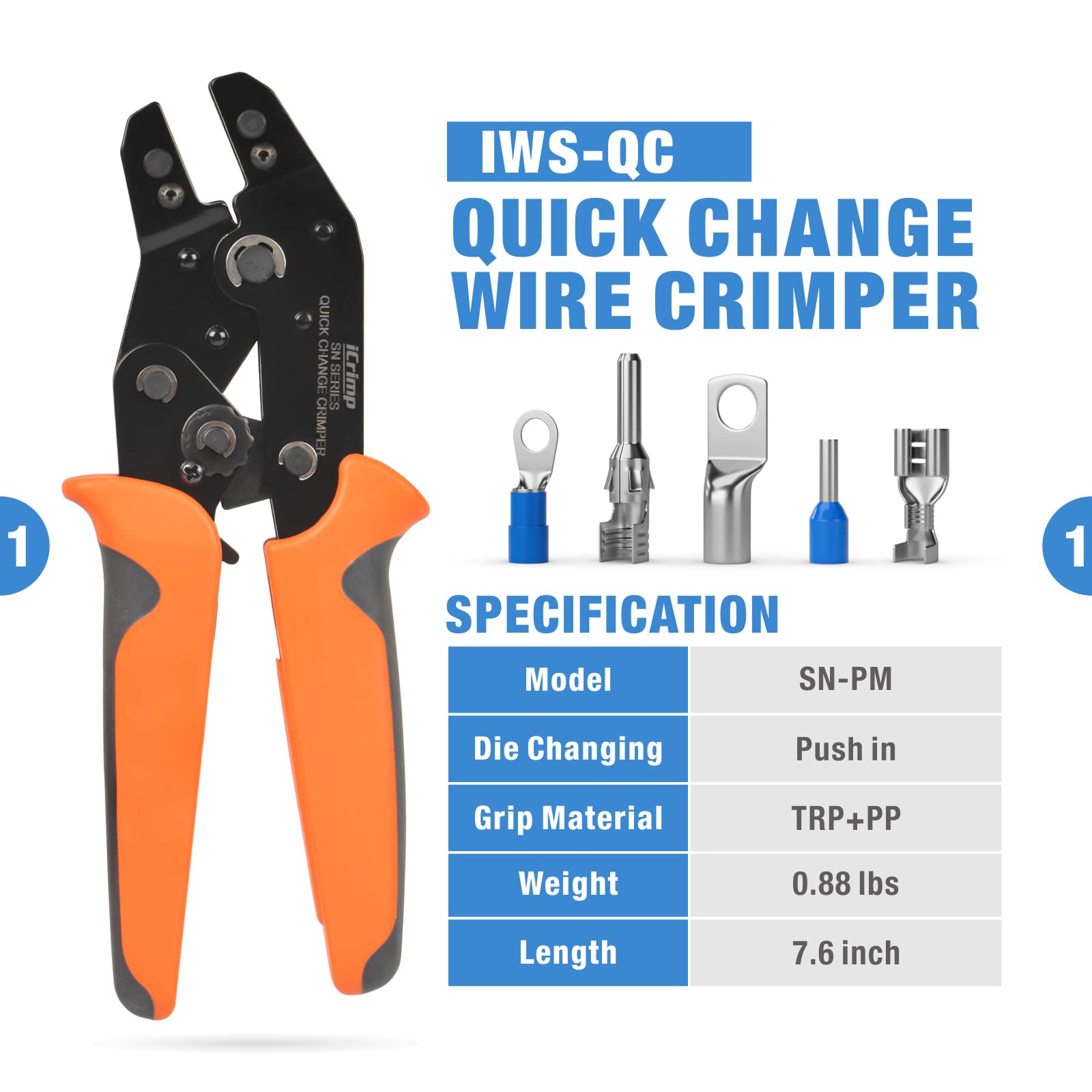 iCrimp Quick Change Ratcheting Crimper Tool Kit, Automotive Service Kit, for Crimping IWS4 Connector, Insulated & Non-insulated Terminal, Open Barrel Terminals, Dupont Connector, End Sleeve Ferrules