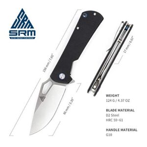 SRM Folding Pocket Knife, D2 Steel Blade, G10 Handle, Pocket Clip, Thumb Hole, Flipper, Ball Bearing Washer, Cool Knives for Outdoor Camping EDC