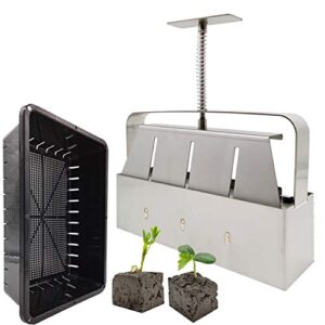 rnairni Manual Quad Soil Blocker & 10" x 7" Plant Growing Trays, Soil Blocking Tool Create 2" Soil Block for Seedlings Greenhouse