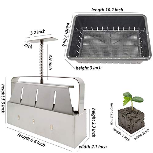 rnairni Manual Quad Soil Blocker & 10" x 7" Plant Growing Trays, Soil Blocking Tool Create 2" Soil Block for Seedlings Greenhouse