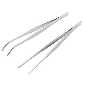 miupoo long handle stainless steel paint straight and curved tweezers nippers,extra long precision craft tweezers set with serrated tips,silver,2 pieces,9.8inches
