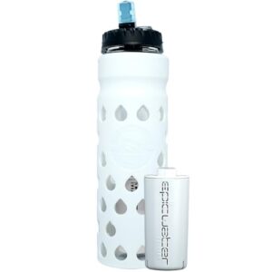 epic escape | glass water bottle with filter | usa made filter | dishwasher safe | borosilicate glass with silicone sleeve | bpa free water bottle | removes 99.99% tap water contaminants | filtered