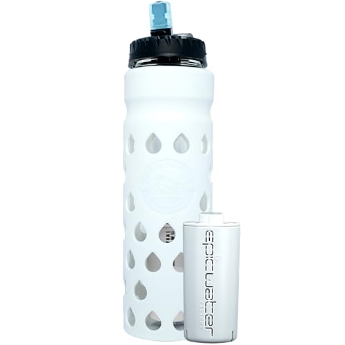 Epic Escape | Glass Water Bottle with Filter | USA Made Filter | Dishwasher Safe | Borosilicate Glass with Silicone Sleeve | BPA Free Water Bottle | Removes 99.99% Tap Water Contaminants | Filtered