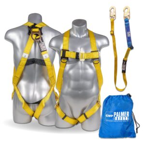 palmer safety fall protection safety harness w/detachable 6' single leg lanyard i external shock absorber lanyard i osha/ansi fall arrest kit i ideal for industrial & construction use (yellow - 1pk)