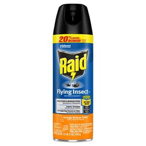 raid flying insect killer, kills flies, mosquitoes, and other flying insects on contact, for indoor and outdoor use, orange breeze scent, 20 oz (pack of 12)