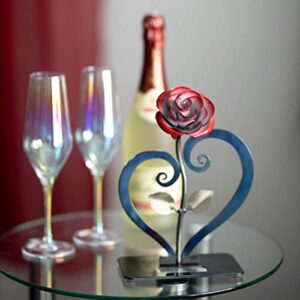 Gift Hand-Forged Wrought Iron Red Metal Rose with Heart - Shaped Stand - Iron Anniversary Gift