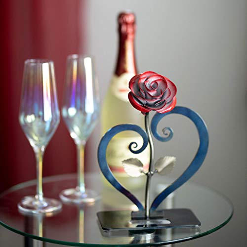 Gift Hand-Forged Wrought Iron Red Metal Rose with Heart - Shaped Stand - Iron Anniversary Gift