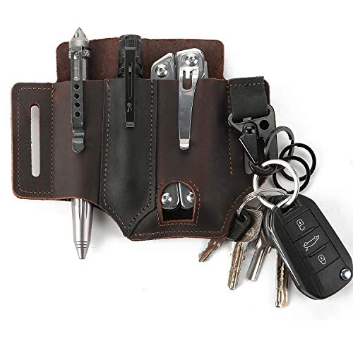 PUOSUO Multitool Sheath for Belt,EDC Letaher Multitool Sheath,Leather Flashlight Holster,Handmade 3 Pockets Organizer Sheath for Tactical pens,Tools, Leather EDC Pocket Organizer (Deep Brown)