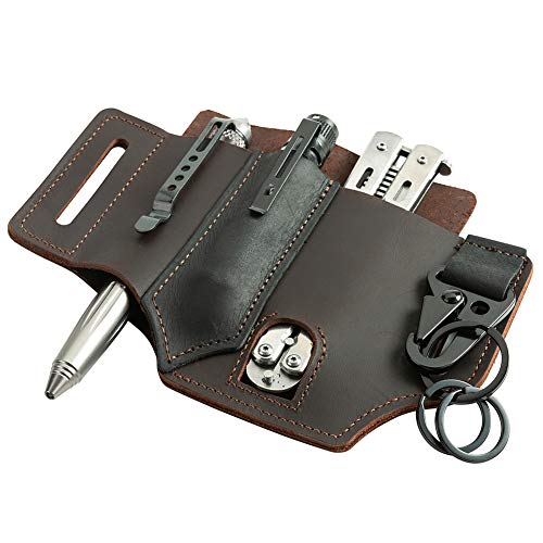 PUOSUO Multitool Sheath for Belt,EDC Letaher Multitool Sheath,Leather Flashlight Holster,Handmade 3 Pockets Organizer Sheath for Tactical pens,Tools, Leather EDC Pocket Organizer (Deep Brown)