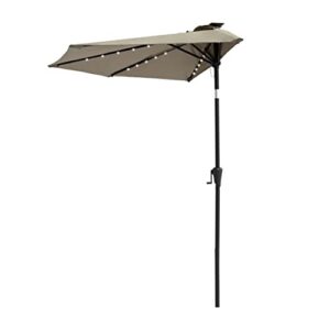 flame&shade 9 ft half round solar powered outdoor market patio table umbrella for wall balcony with led lights and tilt, taupe