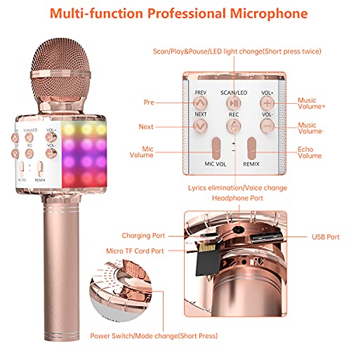 OVELLIC Karaoke Microphone for Kids, Wireless Bluetooth Karaoke Microphone with LED Lights, Portable Handheld Mic Speaker Machine, Great Gifts Toys for Girls Boys Adults All Age (Rose Gold)