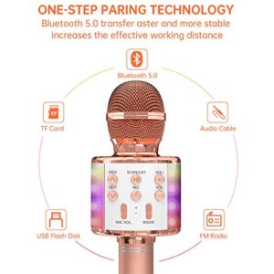 OVELLIC Karaoke Microphone for Kids, Wireless Bluetooth Karaoke Microphone with LED Lights, Portable Handheld Mic Speaker Machine, Great Gifts Toys for Girls Boys Adults All Age (Rose Gold)