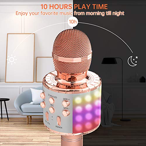 OVELLIC Karaoke Microphone for Kids, Wireless Bluetooth Karaoke Microphone with LED Lights, Portable Handheld Mic Speaker Machine, Great Gifts Toys for Girls Boys Adults All Age (Rose Gold)