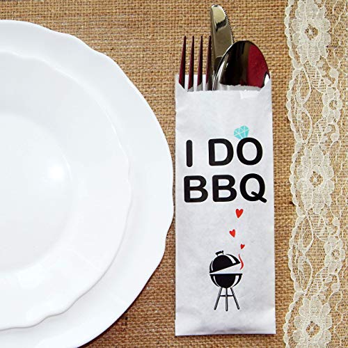 I DO BBQ White Kraft Paper Silverware Bags - Utensil Holders For Wedding Rehearsal Dinner or Engagement Barbeque - Silverware Holder Bag - Pocket Sleeves - Flat 2.8" x 7.5" - Pack of 50