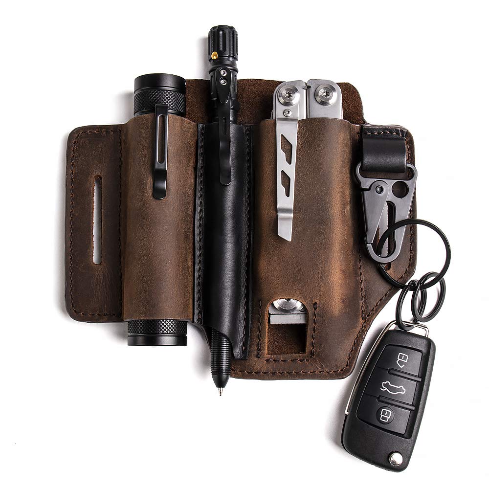 Gentlestache Multitool Sheath for Belt, Leatherman Sheath for Men, Leather EDC Pocket Organizer with Pen Holder, Key Fob, Flashlight Sheath, EDC Leather Pouch Darkbrownn