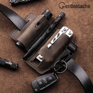 Gentlestache Multitool Sheath for Belt, Leatherman Sheath for Men, Leather EDC Pocket Organizer with Pen Holder, Key Fob, Flashlight Sheath, EDC Leather Pouch Darkbrownn