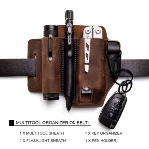 Gentlestache Multitool Sheath for Belt, Leatherman Sheath for Men, Leather EDC Pocket Organizer with Pen Holder, Key Fob, Flashlight Sheath, EDC Leather Pouch Darkbrownn