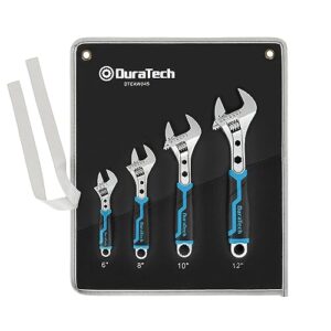duratech 4-piece adjustable wrench set, 6-inch, 8-inch, 10-inch, 12-inch, 3-in-1 spanner with box end/hex function, cr-v steel, chrome-plated, bi-material soft grip, with rolling bag