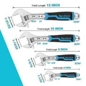 DURATECH 4-Piece Adjustable Wrench Set, 6-inch, 8-inch, 10-inch, 12-inch, 3-in-1 Spanner with Box End/Hex Function, CR-V Steel, Chrome-plated, Bi-material soft Grip, with Rolling Bag