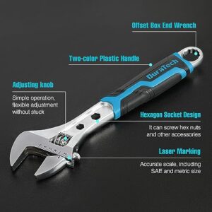 DURATECH 4-Piece Adjustable Wrench Set, 6-inch, 8-inch, 10-inch, 12-inch, 3-in-1 Spanner with Box End/Hex Function, CR-V Steel, Chrome-plated, Bi-material soft Grip, with Rolling Bag