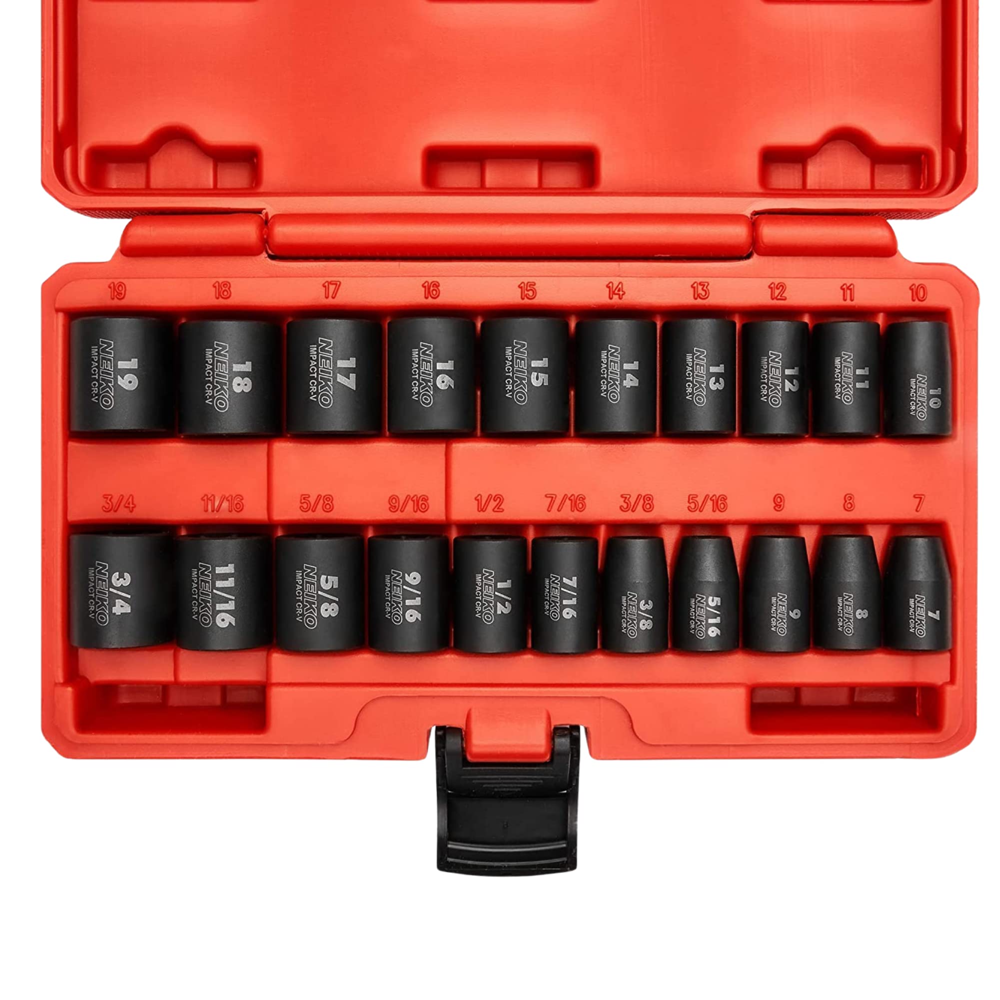 NEIKO 02432A 3/8” Drive SAE and Metric Impact Socket Set | 21 Shallow Pieces | SAE 5/16” to 3/4” | 7mm to 19mm | Premium Cr-V Steel | 6-Point Hex Design | Corrosion Resistant Coating