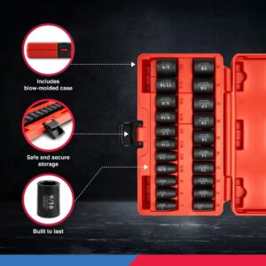 NEIKO 02432A 3/8” Drive SAE and Metric Impact Socket Set | 21 Shallow Pieces | SAE 5/16” to 3/4” | 7mm to 19mm | Premium Cr-V Steel | 6-Point Hex Design | Corrosion Resistant Coating