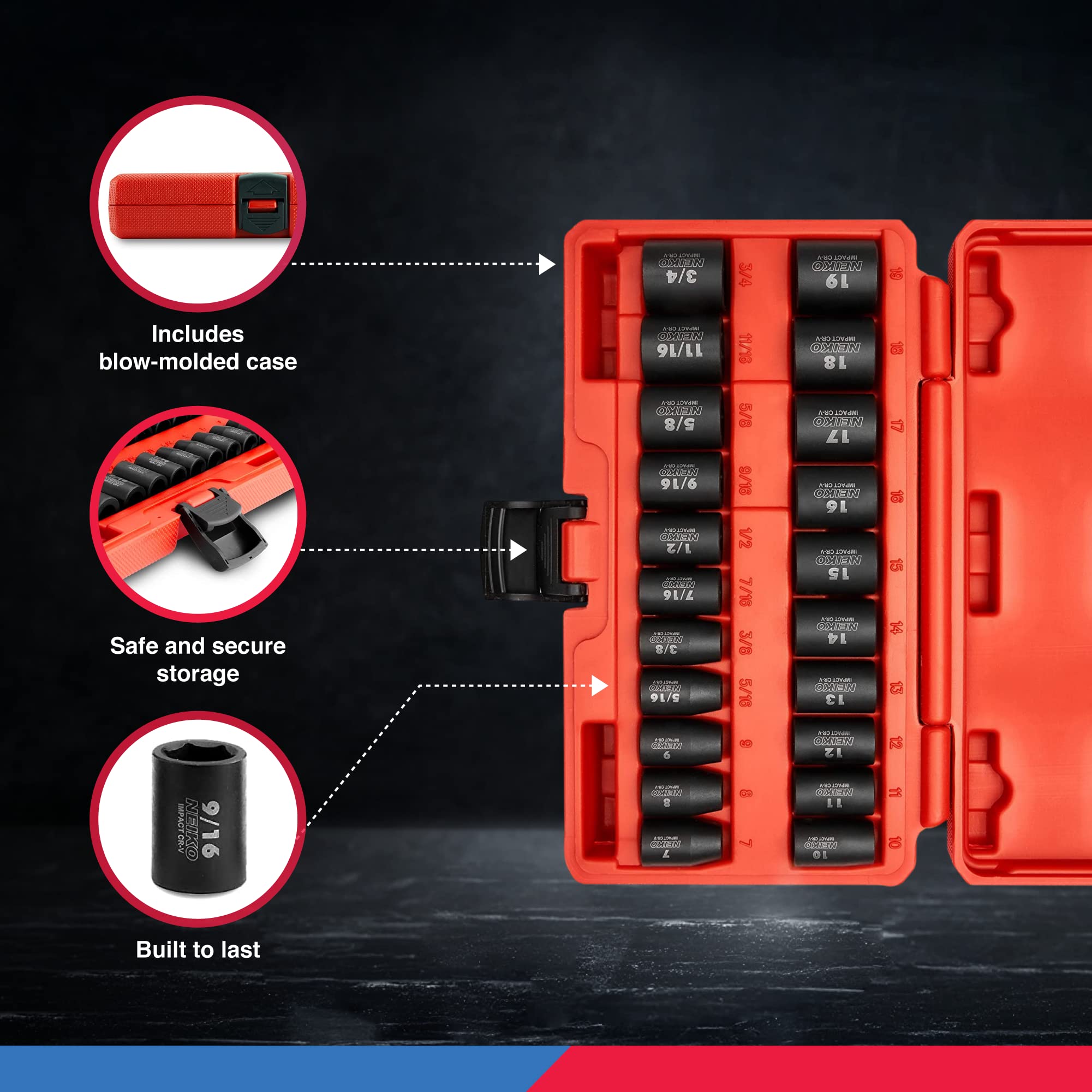 NEIKO 02432A 3/8” Drive SAE and Metric Impact Socket Set | 21 Shallow Pieces | SAE 5/16” to 3/4” | 7mm to 19mm | Premium Cr-V Steel | 6-Point Hex Design | Corrosion Resistant Coating