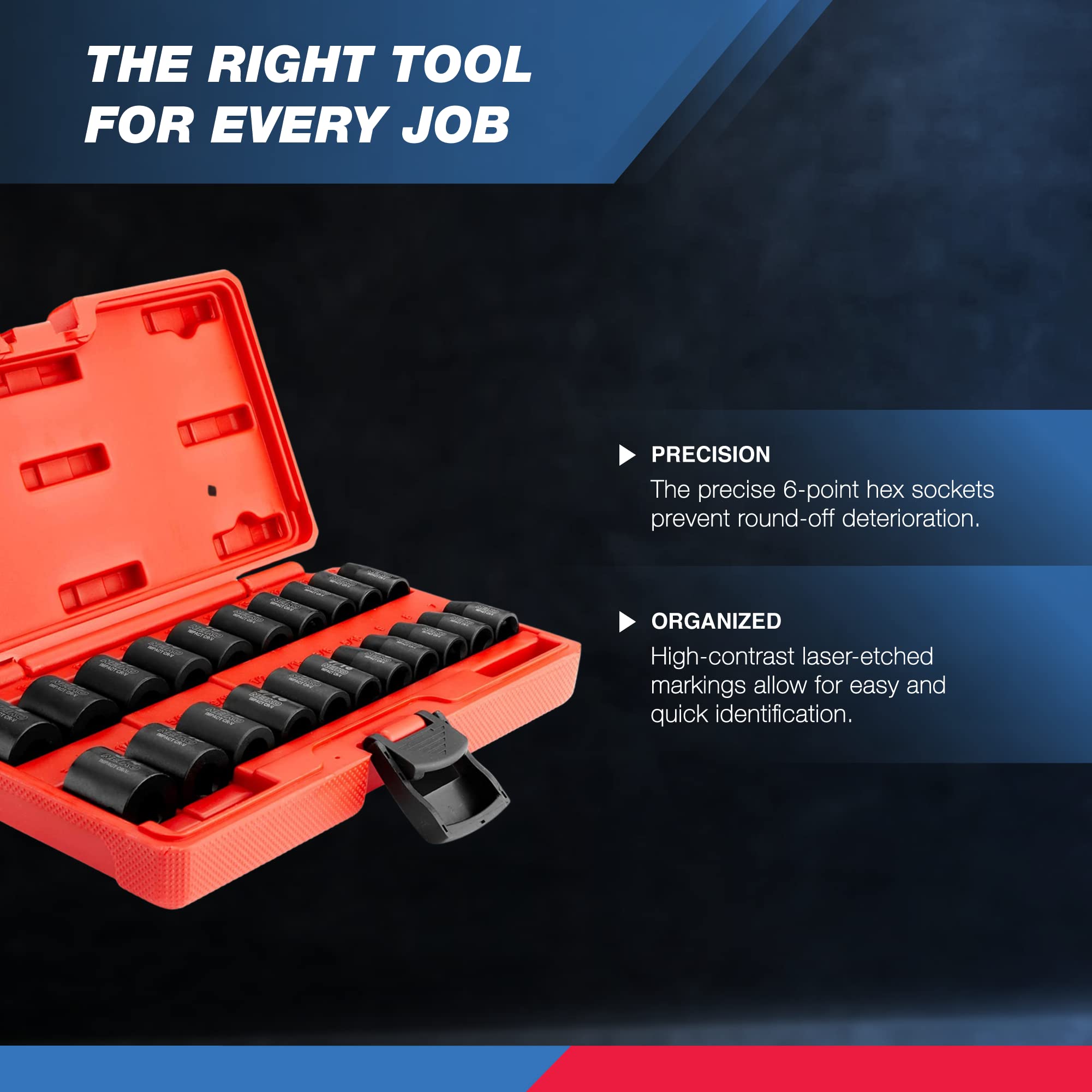 NEIKO 02432A 3/8” Drive SAE and Metric Impact Socket Set | 21 Shallow Pieces | SAE 5/16” to 3/4” | 7mm to 19mm | Premium Cr-V Steel | 6-Point Hex Design | Corrosion Resistant Coating