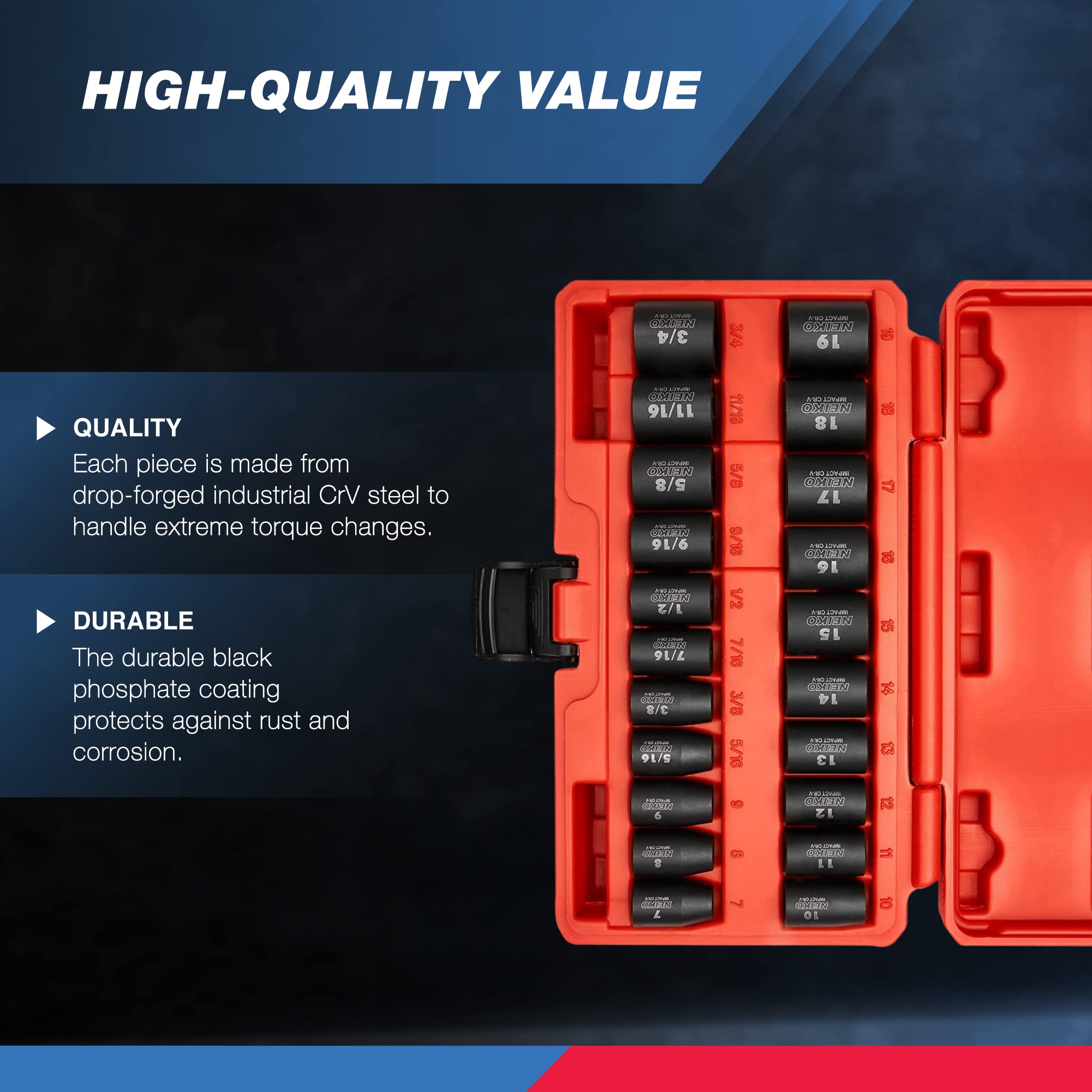 NEIKO 02432A 3/8” Drive SAE and Metric Impact Socket Set | 21 Shallow Pieces | SAE 5/16” to 3/4” | 7mm to 19mm | Premium Cr-V Steel | 6-Point Hex Design | Corrosion Resistant Coating