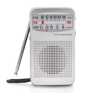 fuhongyuan am fm portable pocket radio, compact transistor radios - best reception, loud speaker, earphone jack, long lasting, 2 aa battery operated (silver)