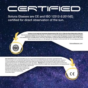 Soluna Solar Eclipse Glasses - CE and ISO Certified Safe Shades for Direct Sun Viewing - Made in the USA (2 Pack)