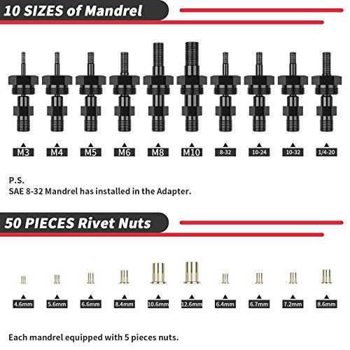 Cordless Drill Electric Rivet Gun Adapter Rivet Nut Drill Adapter Kit Including 10 Mandrel and 50Pcs Assorted Rivet Nuts, Rugged Carrying Case