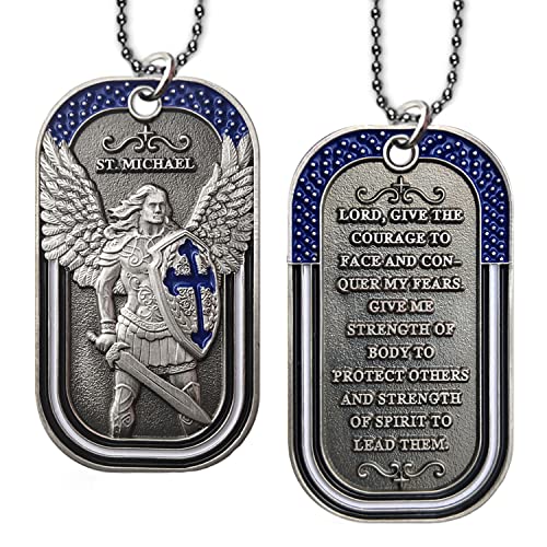 BHealthLife Police Officers Challenge Coin Saint Michael Law Enforcement Prayer Dog Tag Necklace Pendant - Ancient Silver Plated