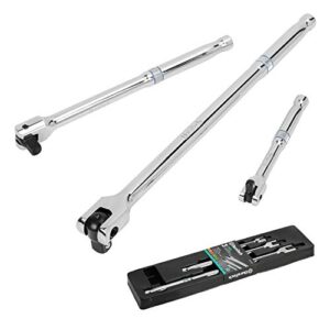duratech 3-piece breaker bar set, 1/4'', 3/8'' & 1/2'' drive breaker bars heavy duty, 6", 10", 15" length, with 180° rotatable head, spring-loaded detent ball, premium chrome alloy made