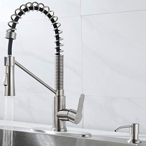 AMAZING FORCE Brushed Nickel Kitchen Faucet with Soap Dispenser Single Handle Kitchen Sink Faucet with Pull Down Sprayer Utility Sink Faucet Single Hole for Laundry Sink Stainless Steel Black Hose